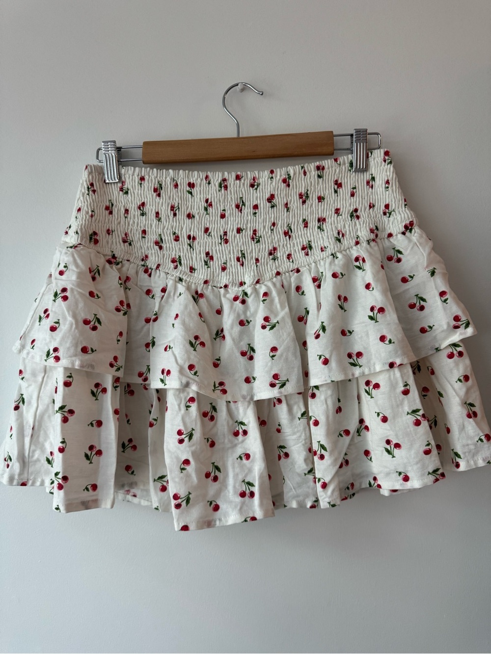 Cottagecore Sweetheart Midnight Sky Cherry Print Smocked Ruffle Mini Skirt L